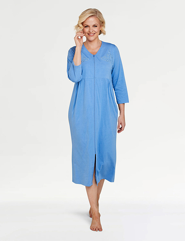 Embroidered Zip Through Jersey Dressing Gown