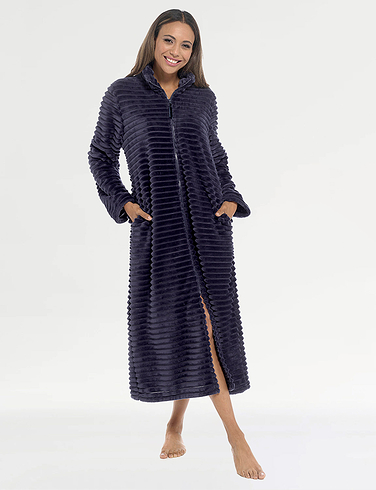 Zip Through Ribbed Fleece Dressing Gown