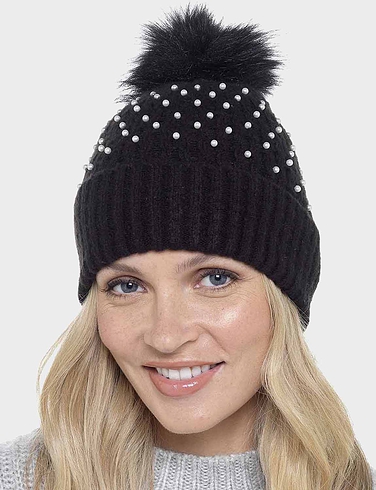 Ladies Rib Hat With Pearls and Bobble