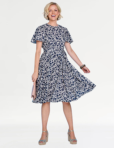 Angel Sleeve Pleat Front Print Dress